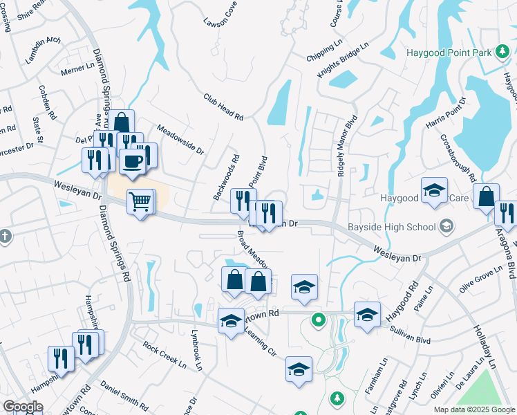 map of restaurants, bars, coffee shops, grocery stores, and more near 5216 Deford Road in Virginia Beach