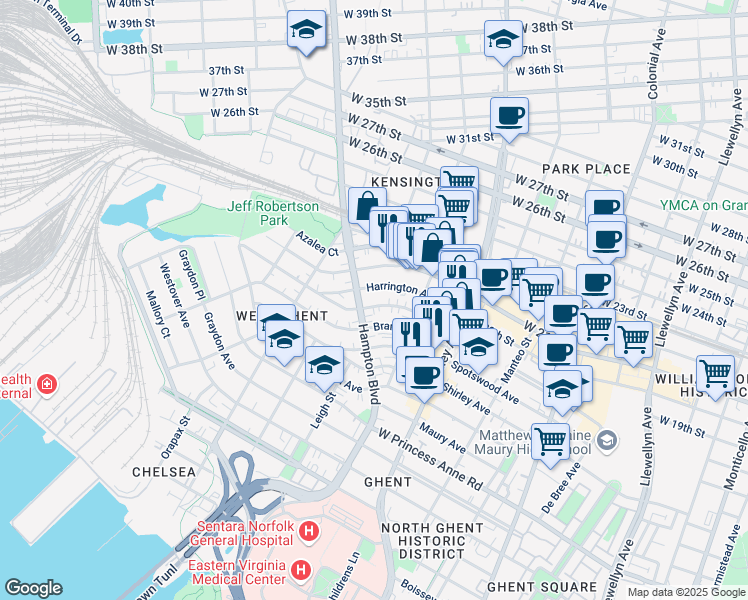 map of restaurants, bars, coffee shops, grocery stores, and more near 940 Gates Avenue in Norfolk
