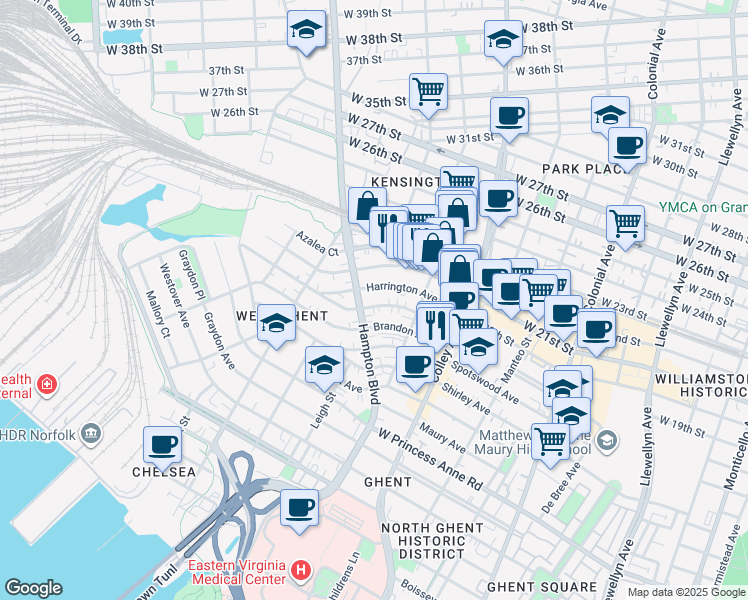 map of restaurants, bars, coffee shops, grocery stores, and more near 948 Harrington Avenue in Norfolk