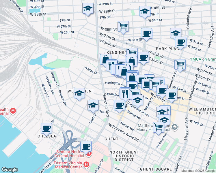 map of restaurants, bars, coffee shops, grocery stores, and more near 940 Gates Avenue in Norfolk