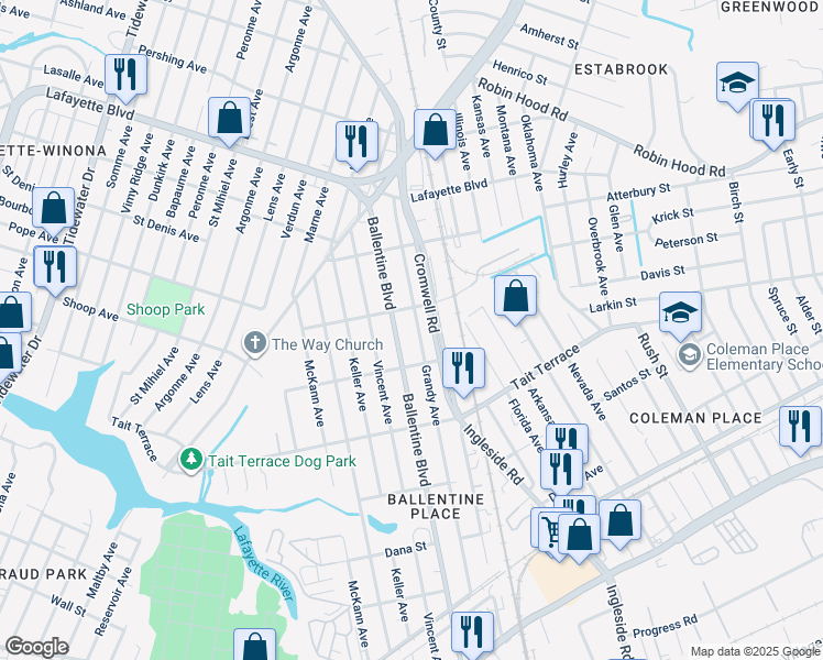 map of restaurants, bars, coffee shops, grocery stores, and more near 2729 Grandy Avenue in Norfolk