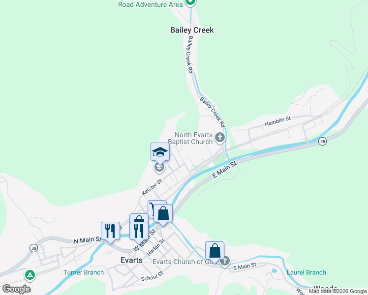 map of restaurants, bars, coffee shops, grocery stores, and more near 102 Walnut Street in Evarts