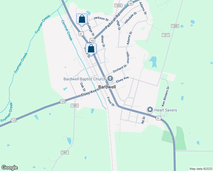 map of restaurants, bars, coffee shops, grocery stores, and more near Kentucky 123 in Bardwell