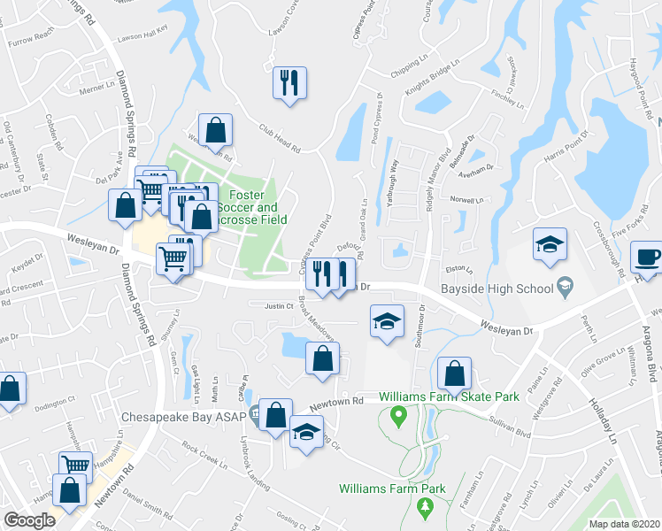 map of restaurants, bars, coffee shops, grocery stores, and more near 5220 Deford Road in Virginia Beach