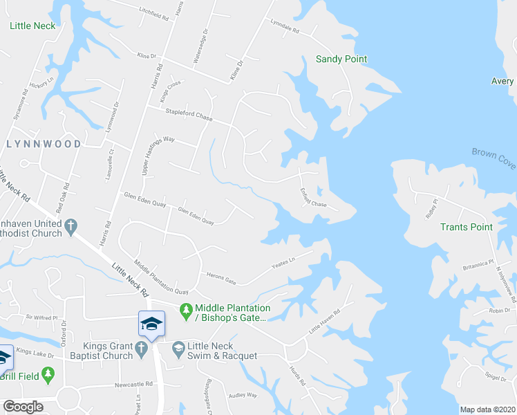 map of restaurants, bars, coffee shops, grocery stores, and more near 3308 Upper Palace Green in Virginia Beach