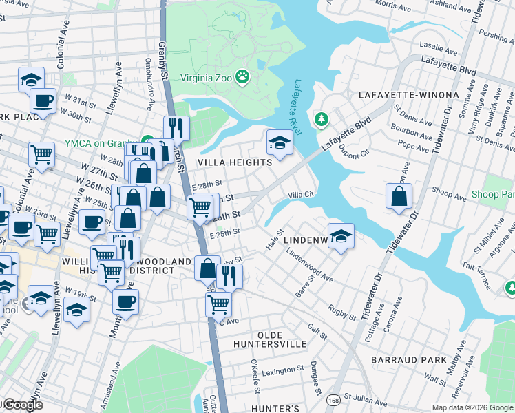 map of restaurants, bars, coffee shops, grocery stores, and more near 2595 Ruffin Way in Norfolk