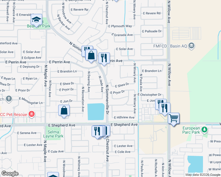 map of restaurants, bars, coffee shops, grocery stores, and more near 9316 North Sommerville Drive in Fresno
