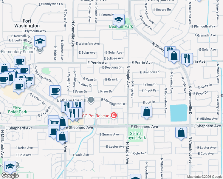map of restaurants, bars, coffee shops, grocery stores, and more near 1862 East Shea Drive in Fresno
