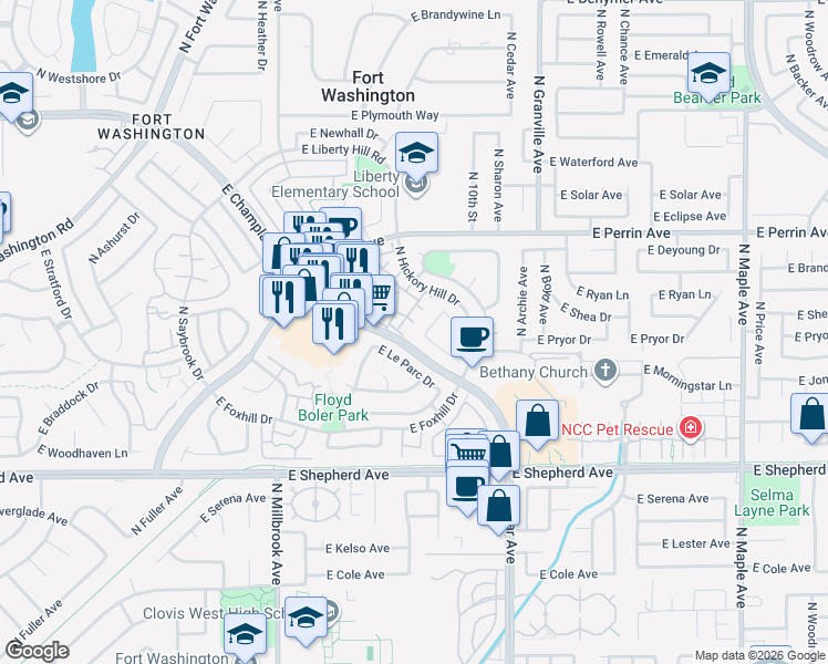 map of restaurants, bars, coffee shops, grocery stores, and more near 1327 East Saint James Circle in Fresno