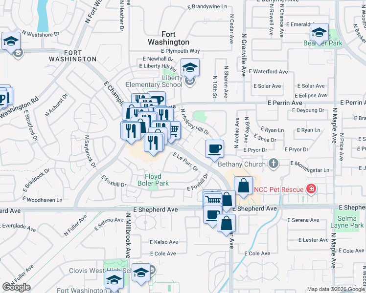 map of restaurants, bars, coffee shops, grocery stores, and more near 1238 East Champlain Drive in Fresno