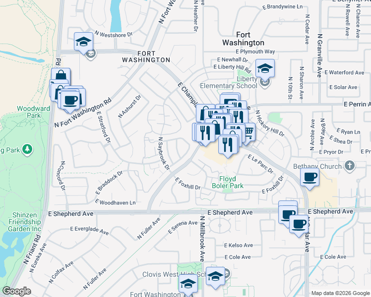 map of restaurants, bars, coffee shops, grocery stores, and more near 852 East Newcastle Lane in Fresno