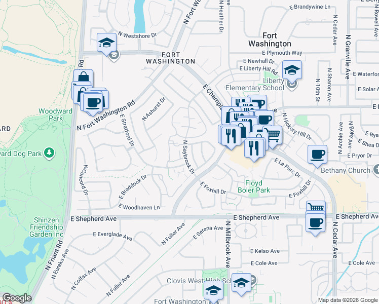 map of restaurants, bars, coffee shops, grocery stores, and more near 782 East Newcastle Lane in Fresno