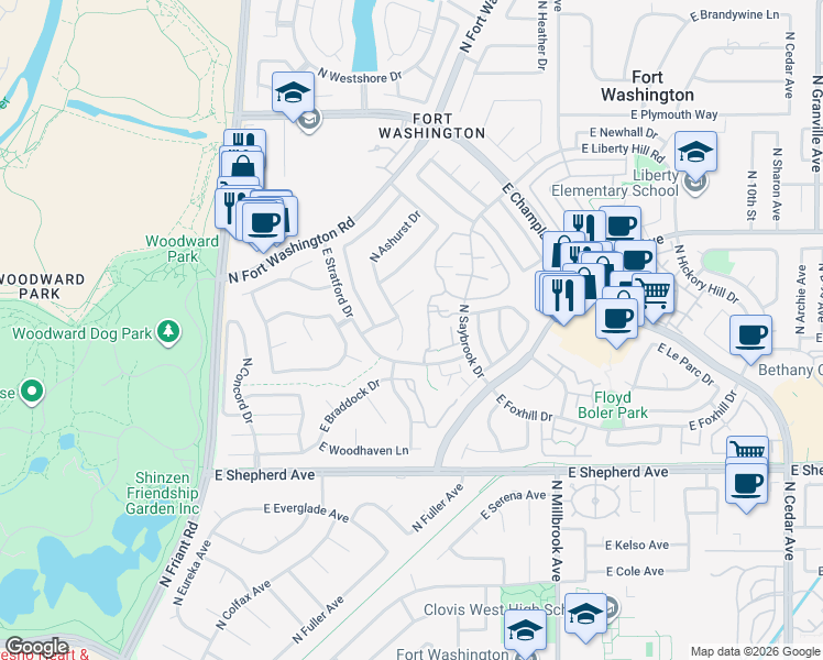 map of restaurants, bars, coffee shops, grocery stores, and more near 742 East Lawnbrook Drive in Fresno