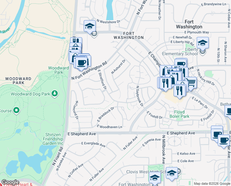 map of restaurants, bars, coffee shops, grocery stores, and more near 742 East Lawnbrook Drive in Fresno