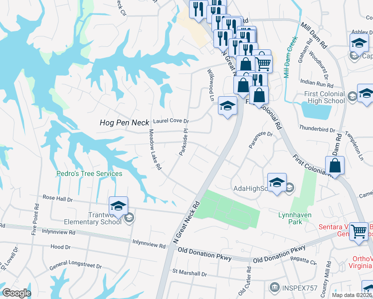 map of restaurants, bars, coffee shops, grocery stores, and more near 2244 Tanglewood Trail in Virginia Beach