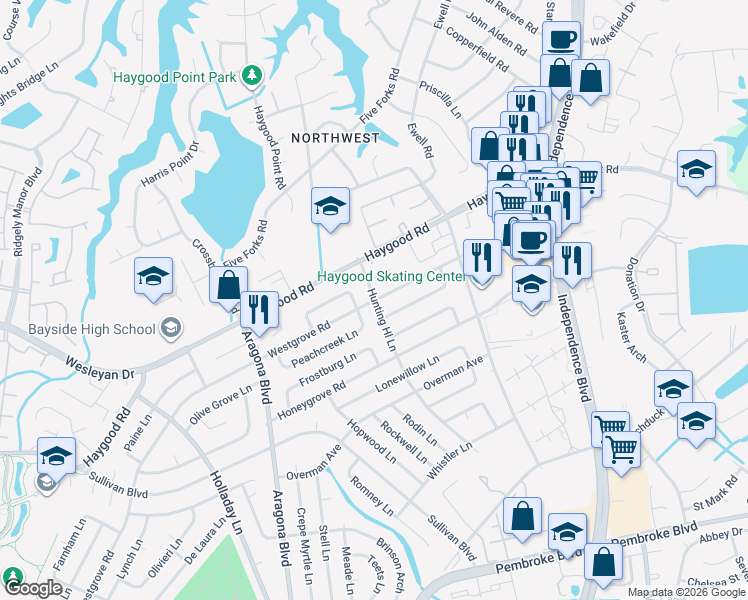 map of restaurants, bars, coffee shops, grocery stores, and more near 4741 Hunting Hill Court in Virginia Beach