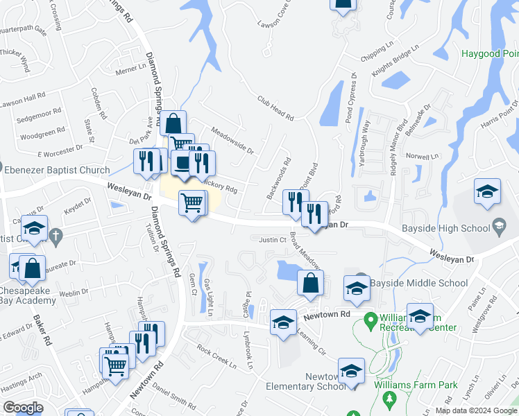 map of restaurants, bars, coffee shops, grocery stores, and more near 5309 Hickory Ridge Court in Virginia Beach