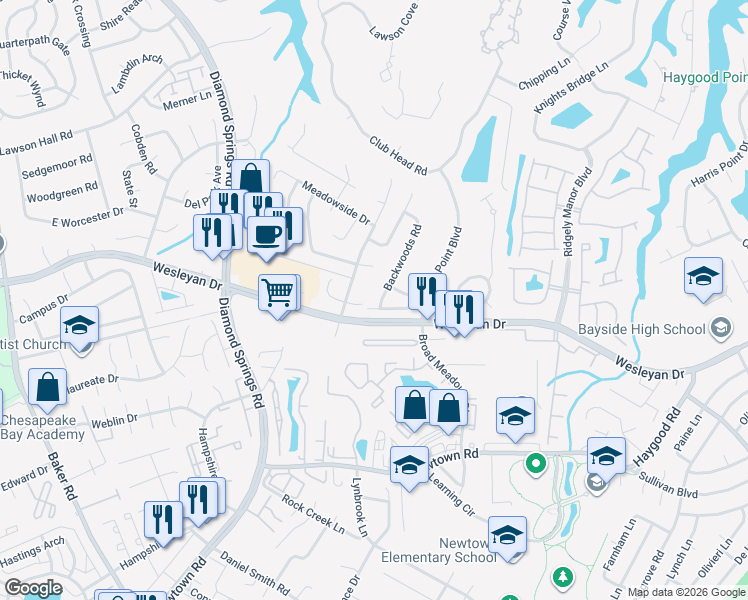 map of restaurants, bars, coffee shops, grocery stores, and more near 5309 Hickory Ridge Court in Virginia Beach