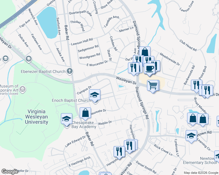 map of restaurants, bars, coffee shops, grocery stores, and more near 5498 Keydet Drive in Virginia Beach