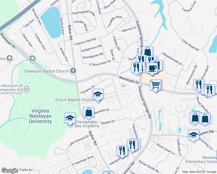 map of restaurants, bars, coffee shops, grocery stores, and more near 5498 Keydet Drive in Virginia Beach