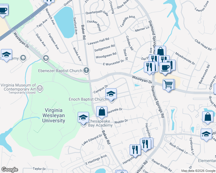 map of restaurants, bars, coffee shops, grocery stores, and more near 909 Jay Are Court in Virginia Beach