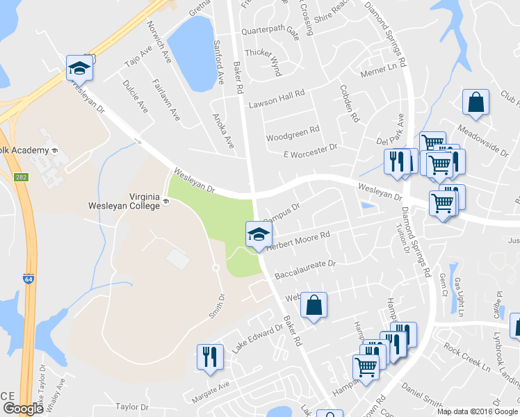 map of restaurants, bars, coffee shops, grocery stores, and more near 5642 Campus Drive in Virginia Beach