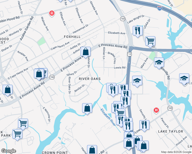 map of restaurants, bars, coffee shops, grocery stores, and more near 5407 Lewis Road in Norfolk