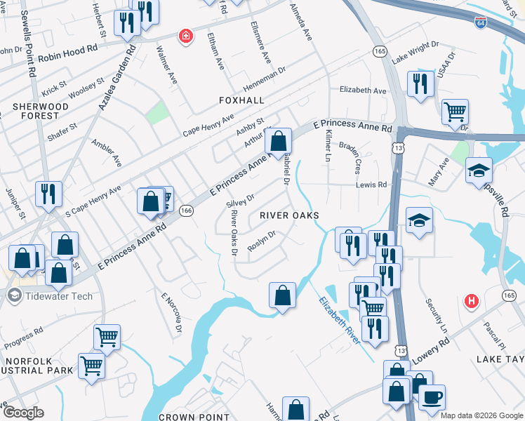 map of restaurants, bars, coffee shops, grocery stores, and more near 5323 Silvey Drive in Norfolk