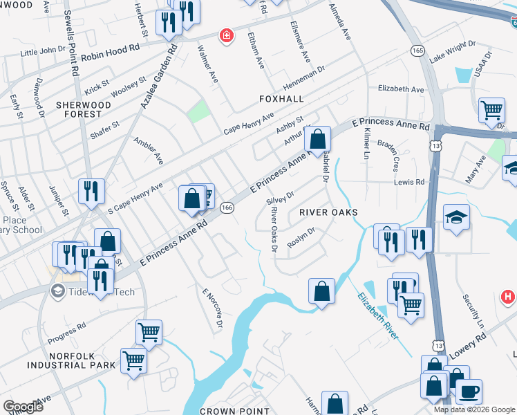 map of restaurants, bars, coffee shops, grocery stores, and more near 5157 East Princess Anne Road in Norfolk
