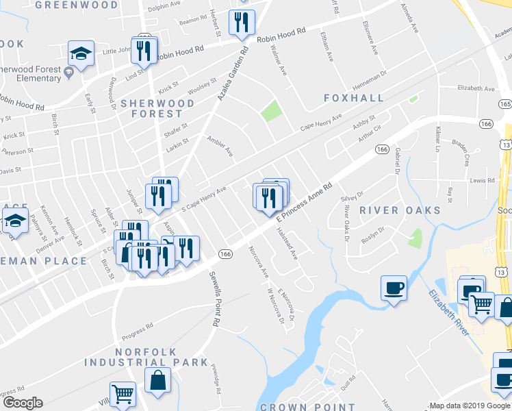 map of restaurants, bars, coffee shops, grocery stores, and more near 1555 Halstead Avenue in Norfolk