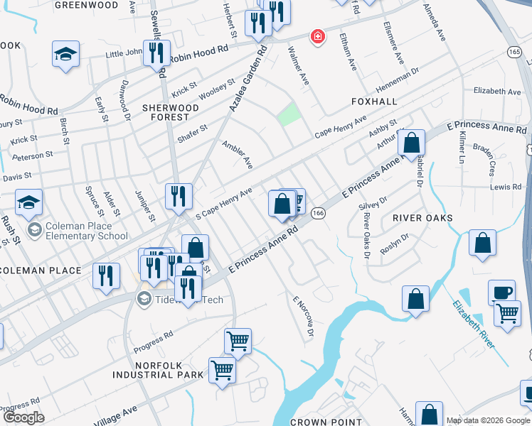 map of restaurants, bars, coffee shops, grocery stores, and more near 1555 Halstead Avenue in Norfolk