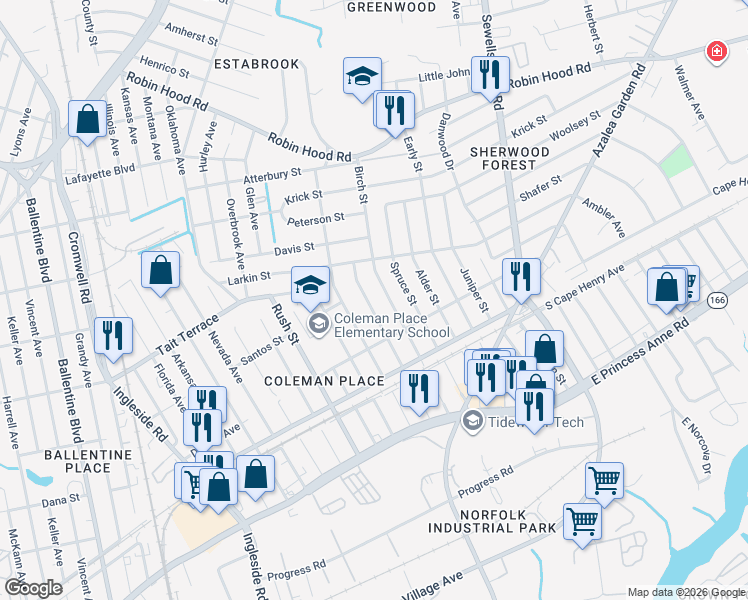 map of restaurants, bars, coffee shops, grocery stores, and more near 2456 Hemlock Street in Norfolk
