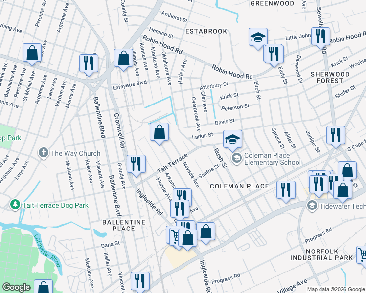 map of restaurants, bars, coffee shops, grocery stores, and more near 2624 Oklahoma Avenue in Norfolk