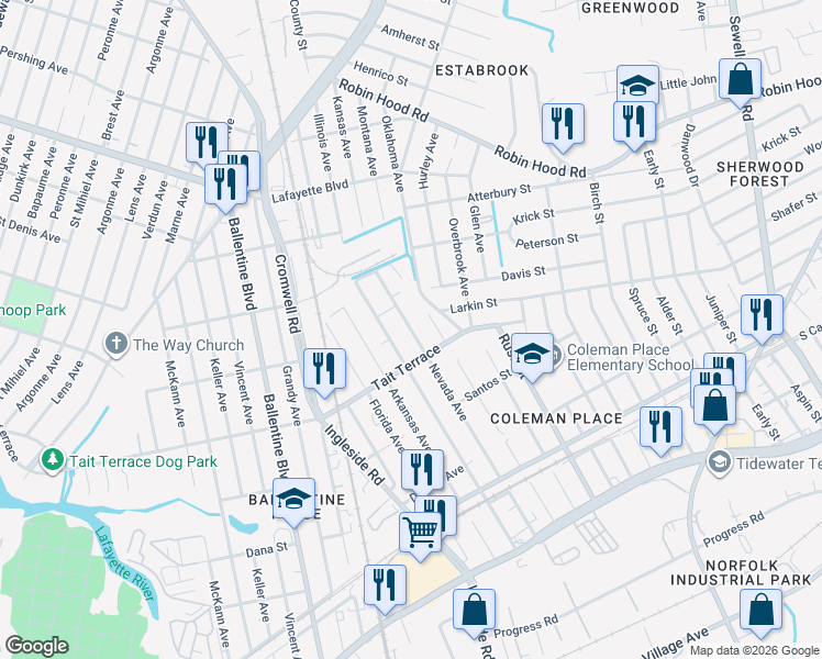 map of restaurants, bars, coffee shops, grocery stores, and more near 2640 Nevada Avenue in Norfolk