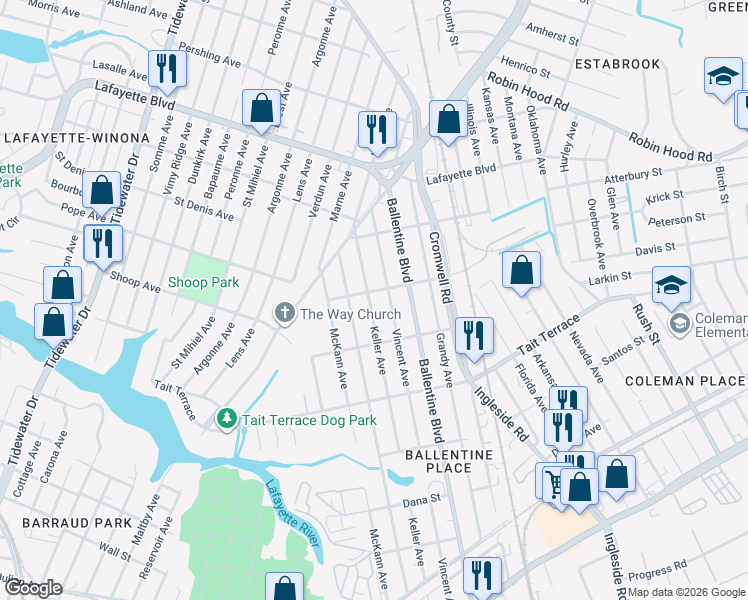 map of restaurants, bars, coffee shops, grocery stores, and more near 2808 Keller Avenue in Norfolk