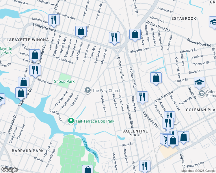 map of restaurants, bars, coffee shops, grocery stores, and more near 2817 Harrell Avenue in Norfolk