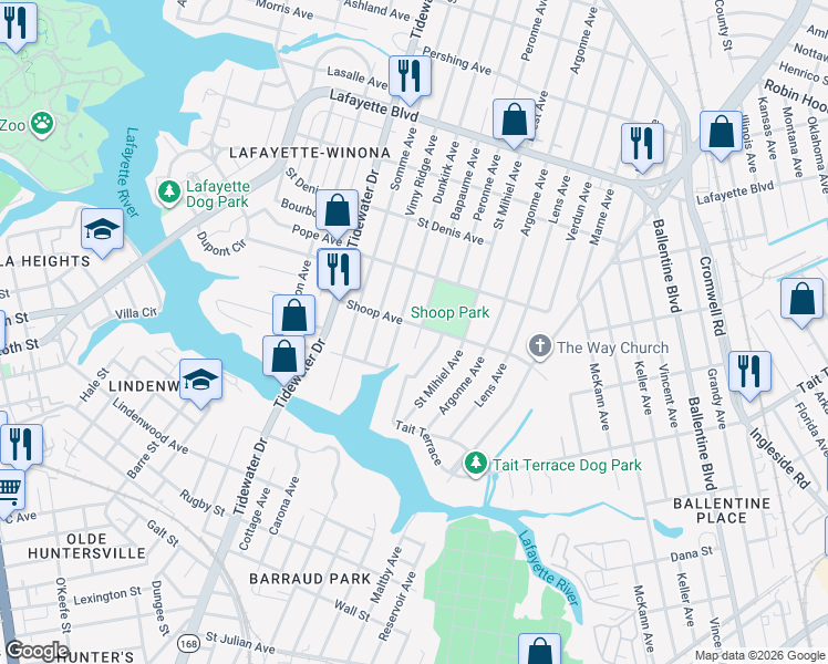 map of restaurants, bars, coffee shops, grocery stores, and more near 2808 Dunkirk Avenue in Norfolk