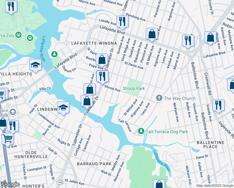 map of restaurants, bars, coffee shops, grocery stores, and more near 2808 Dunkirk Avenue in Norfolk