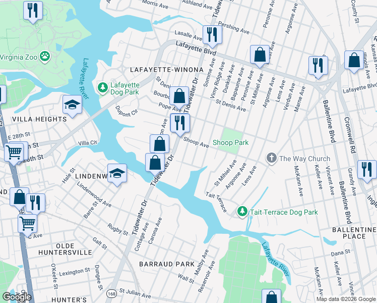 map of restaurants, bars, coffee shops, grocery stores, and more near 2740 Somme Avenue in Norfolk