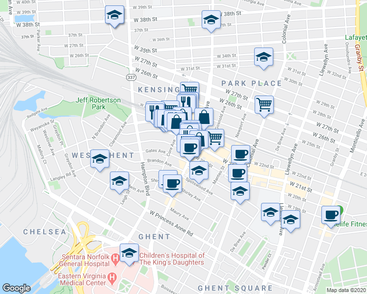 map of restaurants, bars, coffee shops, grocery stores, and more near 827 West 21st Street in Norfolk