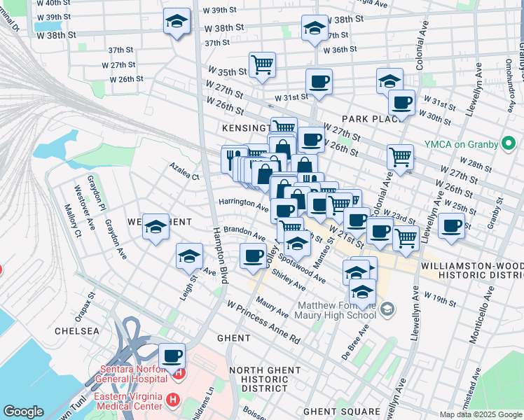 map of restaurants, bars, coffee shops, grocery stores, and more near 827 West 21st Street in Norfolk