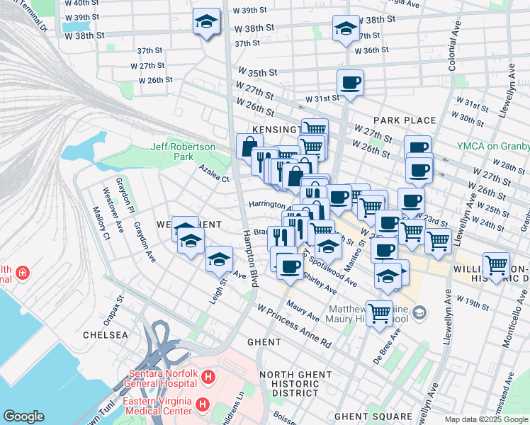 map of restaurants, bars, coffee shops, grocery stores, and more near 948 Harrington Avenue in Norfolk