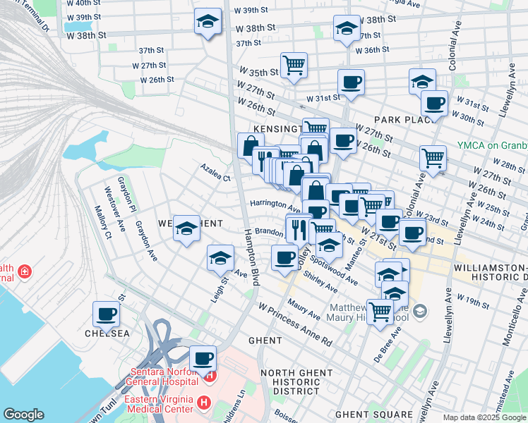 map of restaurants, bars, coffee shops, grocery stores, and more near 948 Harrington Avenue in Norfolk