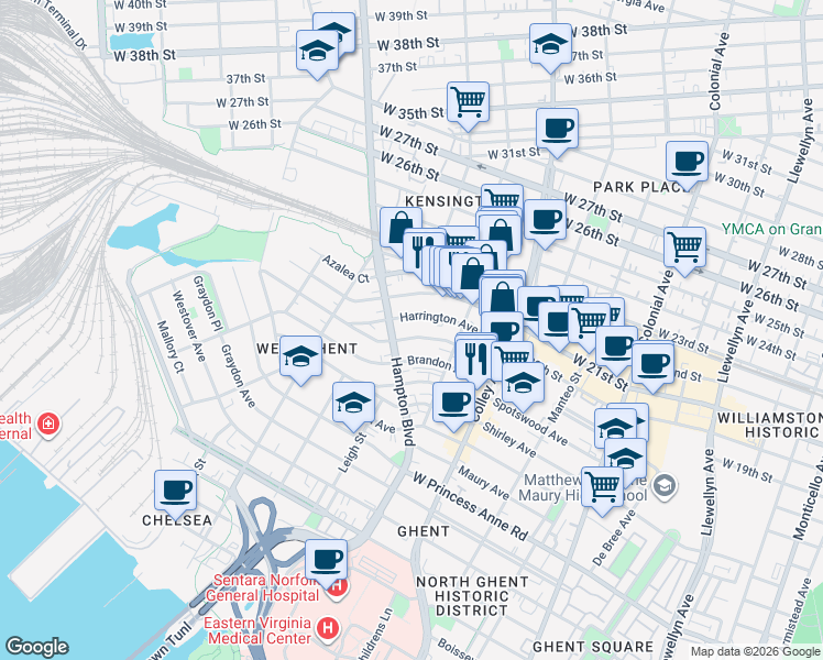 map of restaurants, bars, coffee shops, grocery stores, and more near 948 Harrington Avenue in Norfolk