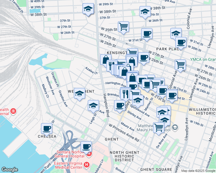map of restaurants, bars, coffee shops, grocery stores, and more near 948 Harrington Avenue in Norfolk