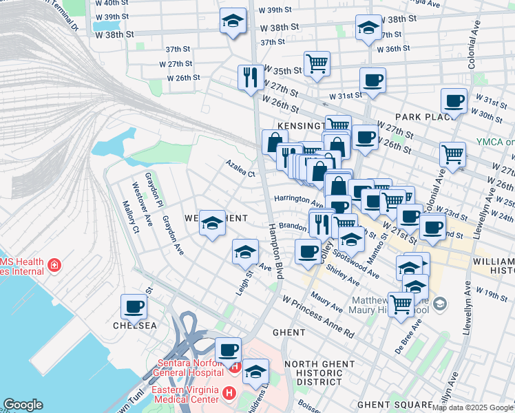 map of restaurants, bars, coffee shops, grocery stores, and more near 1011 Woodrow Avenue in Norfolk