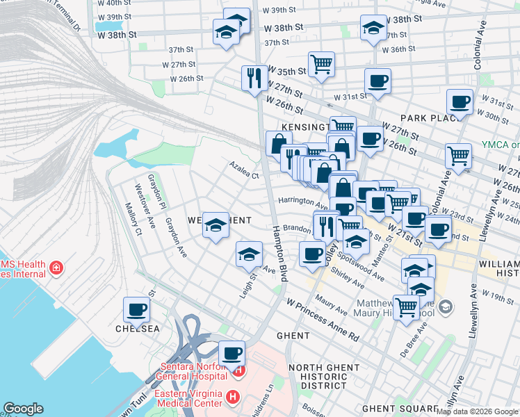 map of restaurants, bars, coffee shops, grocery stores, and more near 1011 Woodrow Avenue in Norfolk