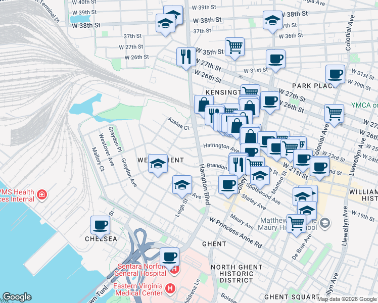 map of restaurants, bars, coffee shops, grocery stores, and more near 1011 Woodrow Avenue in Norfolk
