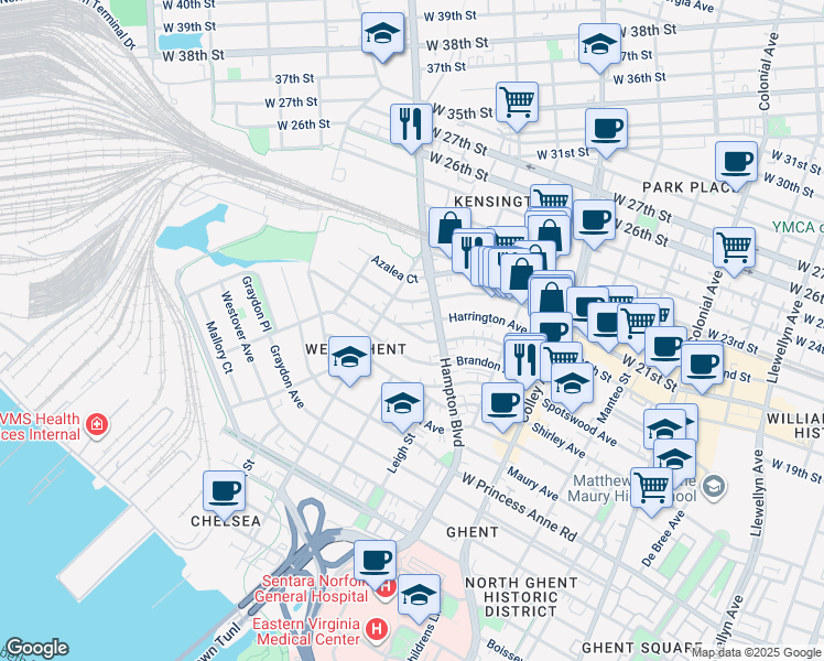 map of restaurants, bars, coffee shops, grocery stores, and more near 1011 Woodrow Avenue in Norfolk