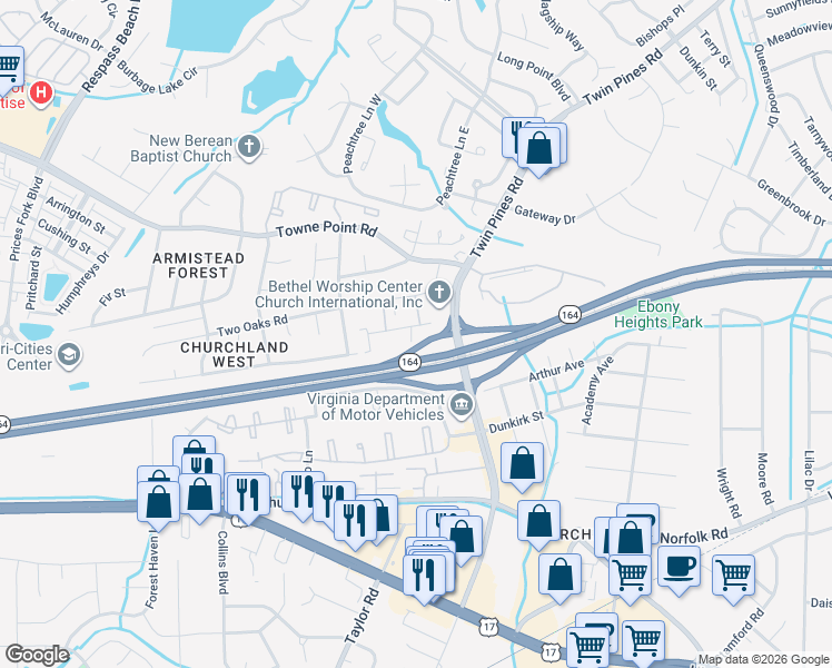 map of restaurants, bars, coffee shops, grocery stores, and more near 3721 Towne Point Road in Portsmouth